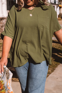 Green Solid Color V Neck Textured Plus Size Blouse