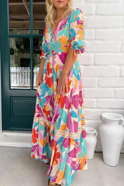 Rose Red Floral Knot Puff Sleeve V Neck Buttoned Front Split Lace Maxi Dress