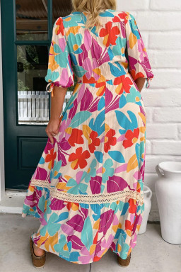 Rose Red Floral Knot Puff Sleeve V Neck Buttoned Front Split Lace Maxi Dress