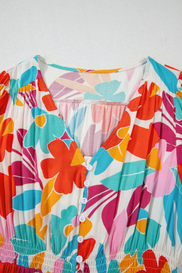 Rose Red Floral Knot Puff Sleeve V Neck Buttoned Front Split Lace Maxi Dress