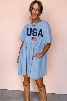 Sky Blue USA Flag Heat Transfer Printing Short Sleeve High Waist Mini Dress