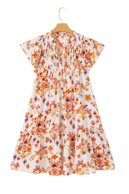 Apricot Floral Print Ruffled Trim Flutter Sleeve Mini Dress