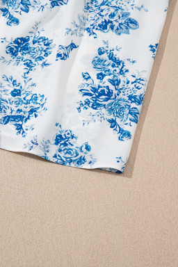 Sky Blue Floral Print Smocked Knot Shoulder Sleeveless Midi Dress