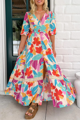 Rose Red Floral Knot Puff Sleeve V Neck Buttoned Front Split Lace Maxi Dress