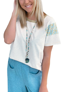White Striped Floral Patchwork Sleeves Contrast Round Neck T Shirt