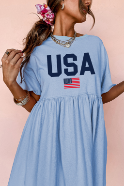 Sky Blue USA Flag Heat Transfer Printing Short Sleeve High Waist Mini Dress