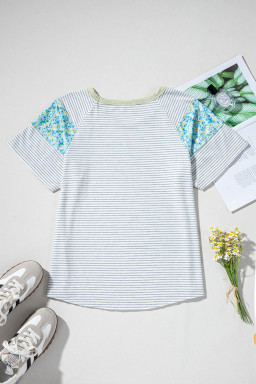 White Striped Floral Patchwork Sleeves Contrast Round Neck T Shirt