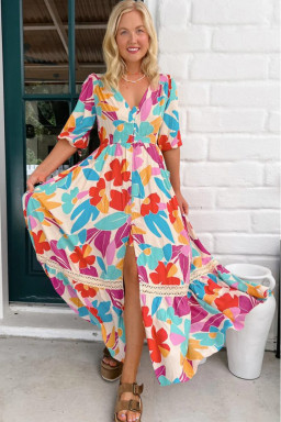 Rose Red Floral Knot Puff Sleeve V Neck Buttoned Front Split Lace Maxi Dress