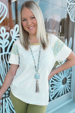 White Striped Floral Patchwork Sleeves Contrast Round Neck T Shirt