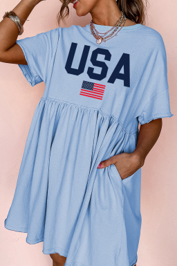 Sky Blue USA Flag Heat Transfer Printing Short Sleeve High Waist Mini Dress