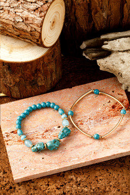 Gold Turquoise Metal Tube Beaded Double Layer Bracelet