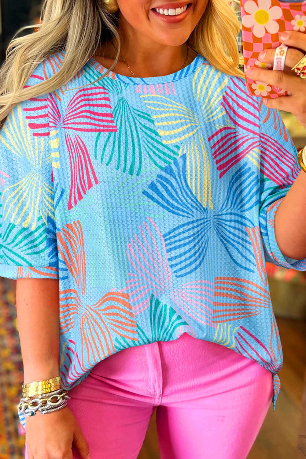 Sky Blue Bowknot Print Waffle Loose Tee