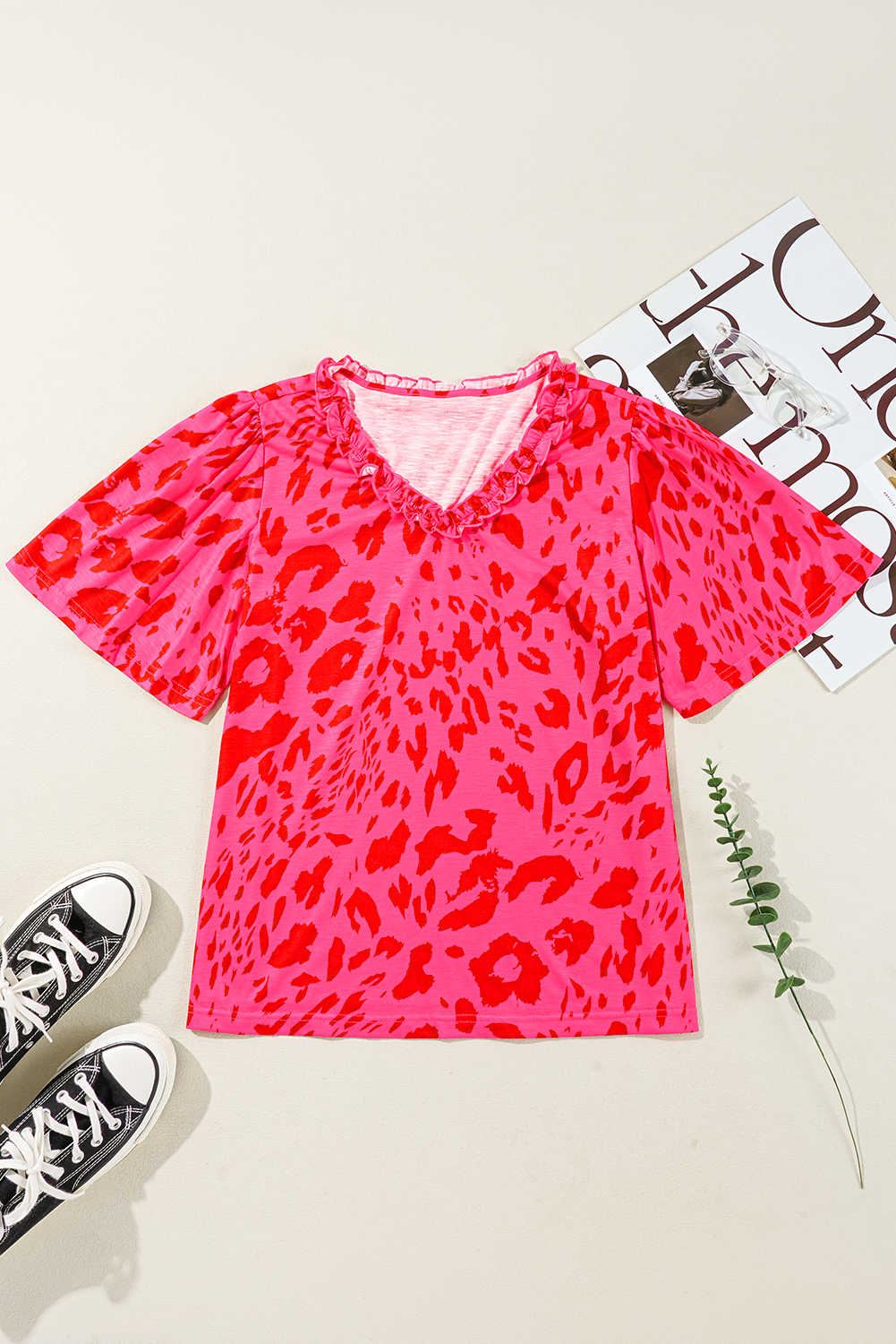 Rose Leopard Frilly V Neck Short Sleeve Loose Tee