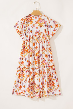 Apricot Floral Print Ruffled Trim Flutter Sleeve Mini Dress