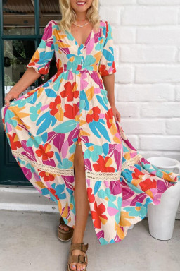 Rose Red Floral Knot Puff Sleeve V Neck Buttoned Front Split Lace Maxi Dress