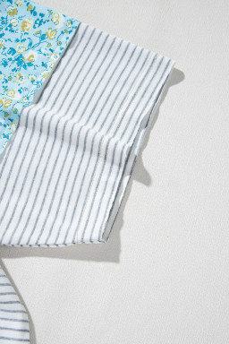 White Striped Floral Patchwork Sleeves Contrast Round Neck T Shirt