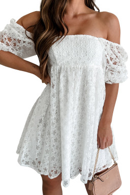 White Floral Lace Puff Sleeve Empire Waist Mini Dress