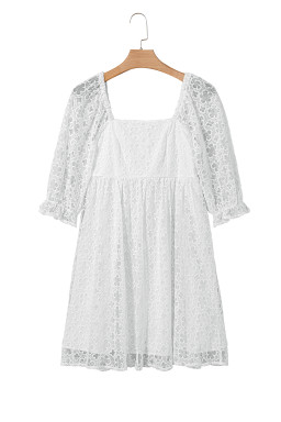 White Floral Lace Puff Sleeve Empire Waist Mini Dress