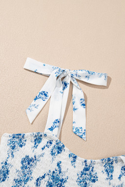 Sky Blue Floral Print Smocked Knot Shoulder Sleeveless Midi Dress