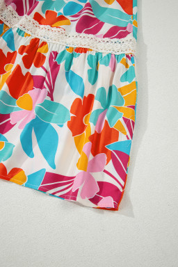 Rose Red Floral Knot Puff Sleeve V Neck Buttoned Front Split Lace Maxi Dress