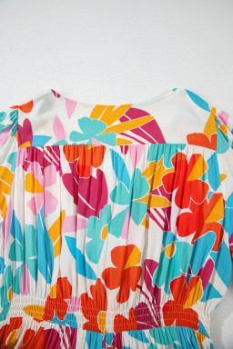 Rose Red Floral Knot Puff Sleeve V Neck Buttoned Front Split Lace Maxi Dress