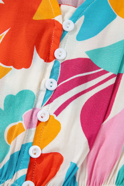 Rose Red Floral Knot Puff Sleeve V Neck Buttoned Front Split Lace Maxi Dress