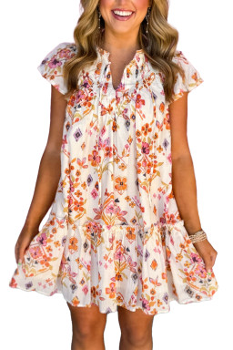 Apricot Floral Print Ruffled Trim Flutter Sleeve Mini Dress