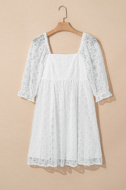 White Floral Lace Puff Sleeve Empire Waist Mini Dress