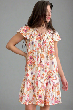 Apricot Floral Print Ruffled Trim Flutter Sleeve Mini Dress