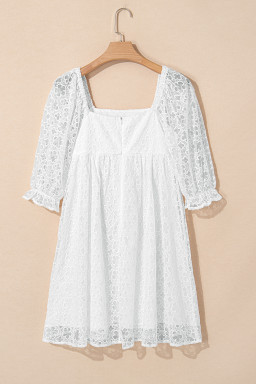 White Floral Lace Puff Sleeve Empire Waist Mini Dress