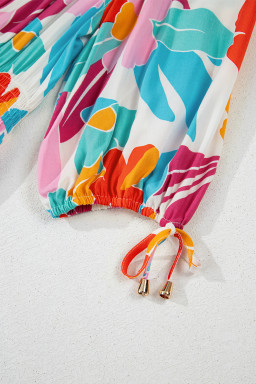 Rose Red Floral Knot Puff Sleeve V Neck Buttoned Front Split Lace Maxi Dress