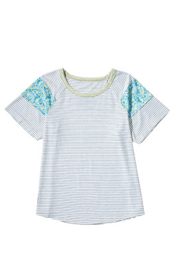 White Striped Floral Patchwork Sleeves Contrast Round Neck T Shirt