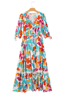 Rose Red Floral Knot Puff Sleeve V Neck Buttoned Front Split Lace Maxi Dress