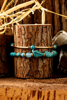 Gold Turquoise Metal Tube Beaded Double Layer Bracelet