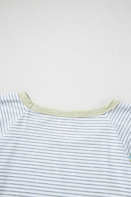 White Striped Floral Patchwork Sleeves Contrast Round Neck T Shirt