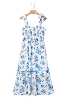 Sky Blue Floral Print Smocked Knot Shoulder Sleeveless Midi Dress
