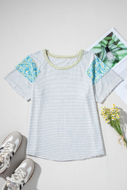 White Striped Floral Patchwork Sleeves Contrast Round Neck T Shirt