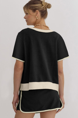 Black Colorblock Edge Drop Shoulder T Shirt and Skort 2Pcs Set