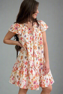 Apricot Floral Print Ruffled Trim Flutter Sleeve Mini Dress