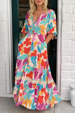 Rose Red Floral Knot Puff Sleeve V Neck Buttoned Front Split Lace Maxi Dress