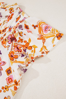 Apricot Floral Print Ruffled Trim Flutter Sleeve Mini Dress
