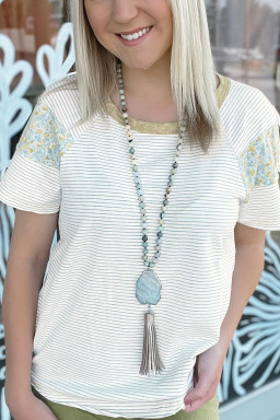 White Striped Floral Patchwork Sleeves Contrast Round Neck T Shirt