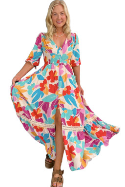 Rose Red Floral Knot Puff Sleeve V Neck Buttoned Front Split Lace Maxi Dress