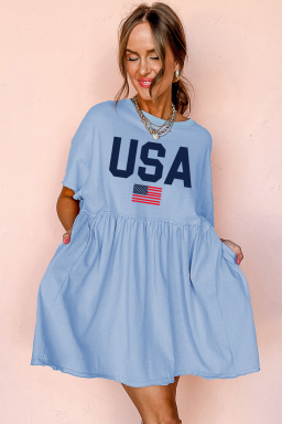Sky Blue USA Flag Heat Transfer Printing Short Sleeve High Waist Mini Dress