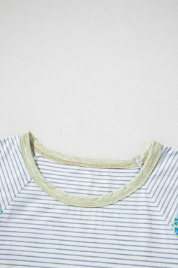 White Striped Floral Patchwork Sleeves Contrast Round Neck T Shirt