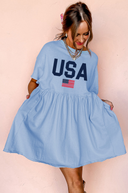Sky Blue USA Flag Heat Transfer Printing Short Sleeve High Waist Mini Dress