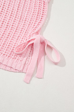 Pink Side Tie Hollow-out Crochet Knit Top