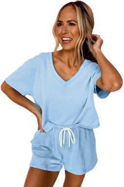 Myosotis V Neck Drop Shoulder Tee and Patchwork Shorts Set