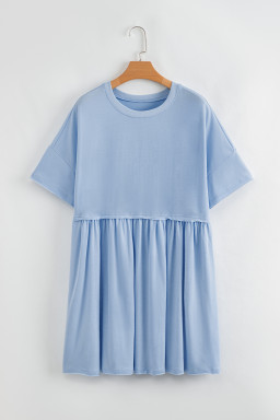 Sky Blue Solid Color Pocket Raw Edge Babydoll Dress