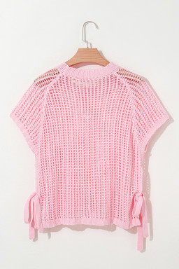 Pink Side Tie Hollow-out Crochet Knit Top